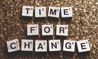 \'Time for change\' spelt with wooden letter Scrabble tiles